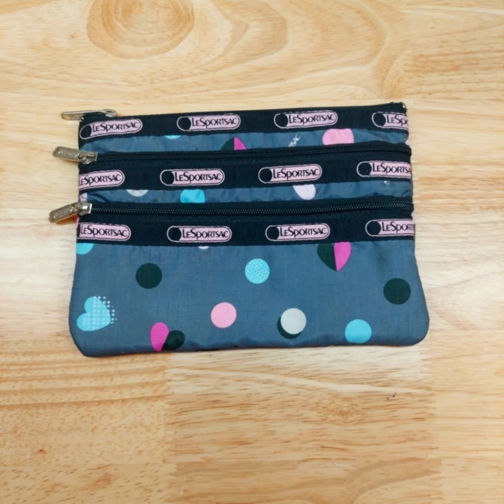 LeSportsac Heart Parade Rare 3 zipper Cosmetic bag Travel wallet Gray Multi